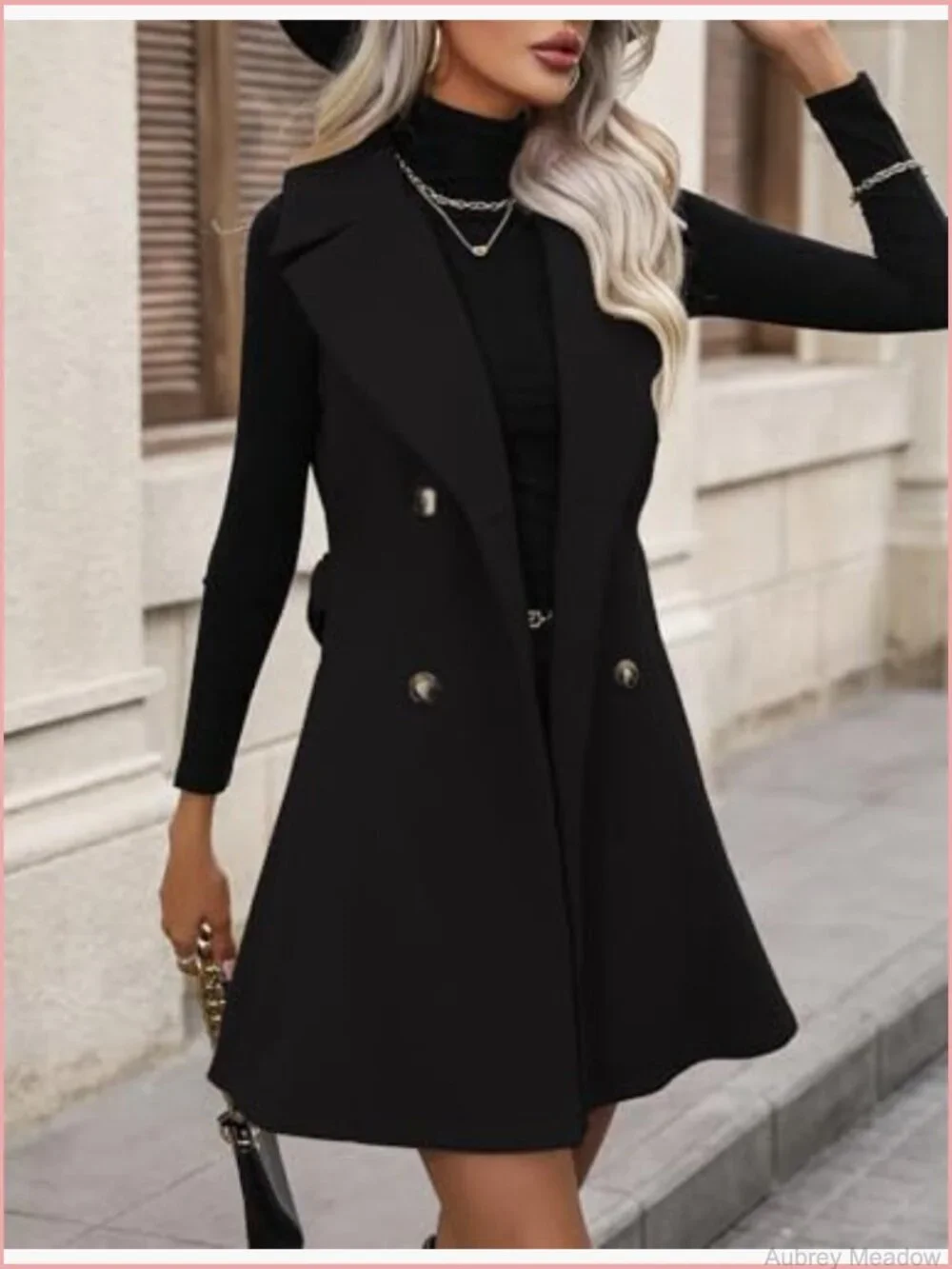 Wool Long Vest Sleeveless Blazer Double Breasted Trench Coat with Belt Fall